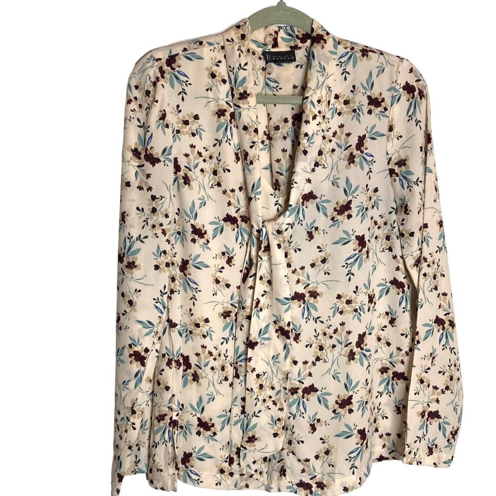 Bobeau Floral Tie Bow Blouse Retro 70s 80s Office Secretary Tan Sz L Pullover